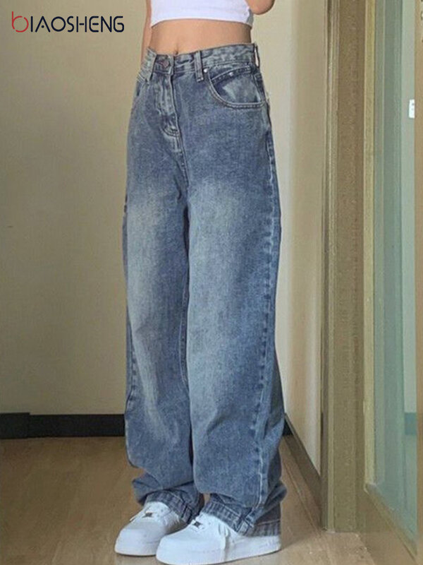 Calças de brim femininas vintage 90s baggy calças jeans retas y2k cintura alta solta perna larga casual calças compridas roupas femininas streetwear