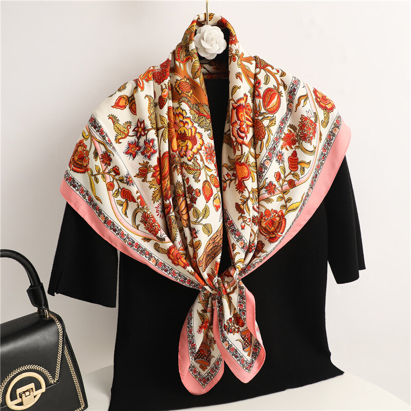 Bufandas de seda satinada con estampado Floral Vintage para mujer, pañuelo cuadrado musulmán, Foulard, diadema, Hijab, 90x90cm