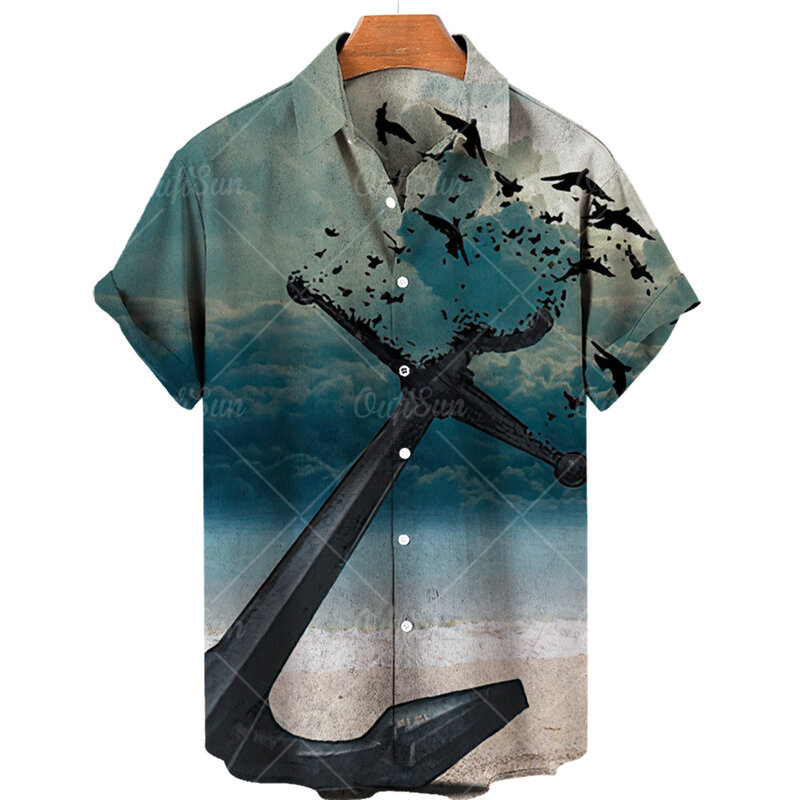새로운 유니섹스 레트로 남성 하와이안 셔츠 플러스 사이즈 셔츠 요트 나침반 해양 3d 프린트 레트로 남성 셔츠, 느슨한 반팔