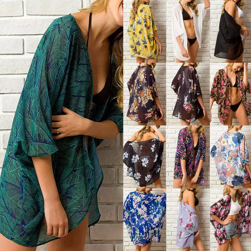 Kimono Floral de gasa para mujer, cárdigan de playa transparente, ropa de baño, blusa larga, Tops, Túnica, 2021