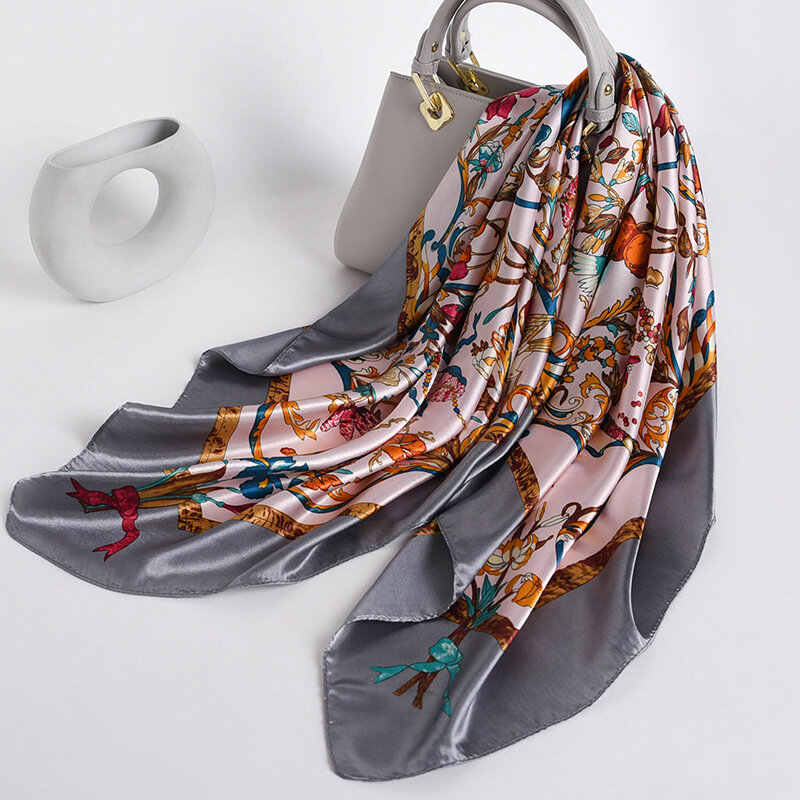 Bufanda cuadrada de satén para mujer, pañuelo de seda, Hijab, banda para el pelo, diadema estampada, artículos para la cabeza ajustados, bolsa, 90x90cm