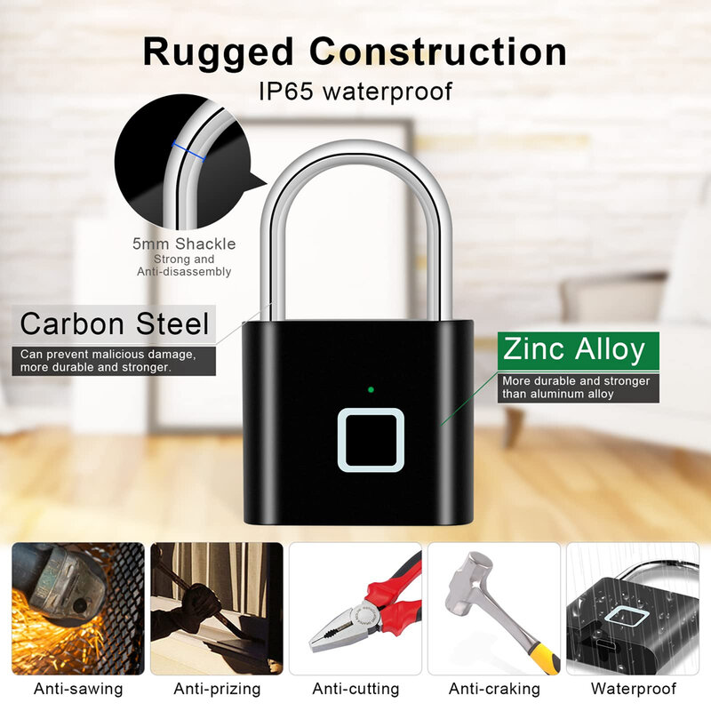 Smart Fingerprint Padlock USB Rechargeable Door Lock Biometric Thumbprint Door Padlock Zinc Alloy Security Protection Smart Home