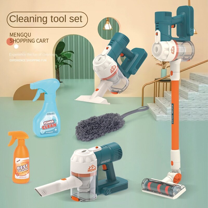 เด็กจำลองเครื่องมือทำความสะอาดของเล่น Sweeper เครื่องดูดฝุ่น Mop Dustpan ชุดเครื่องมือทำความสะอาดของ...