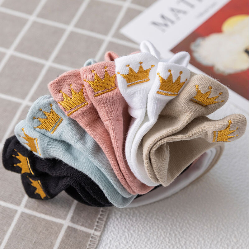 5 Pairs/pack Socks Women Cotton Socks Fashion Thin Cartoon Embroidered Crown Girl Boat Socks Simple Solid Invisible Socks Female
