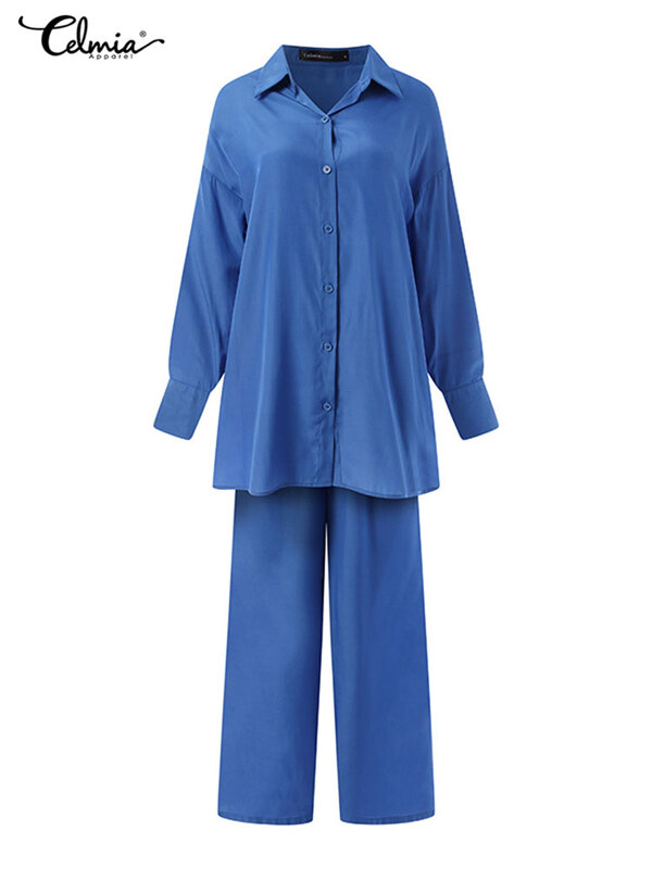 패션 여성 투피스 바지 세트 2022 Celmia Streetwear 옷깃 긴 셔츠와 넓은 다리 바지 정장 캐주얼 느슨한 특대 세트