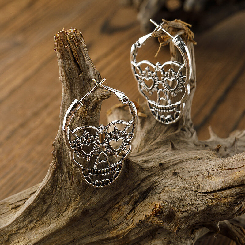 Bohemian Dark Style Hollow Antique Silver Earrings Retro Personality Pattern Skull Left and Right Stud Earrings