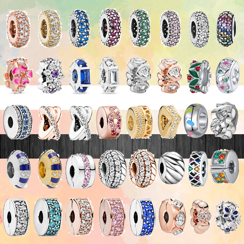 Perles à Clip brillantes en Zircon Pavé pour femmes, breloque de marque originale, couleur argent, bleu, vert, rose, blanc, Bracelet, nouvelle collection