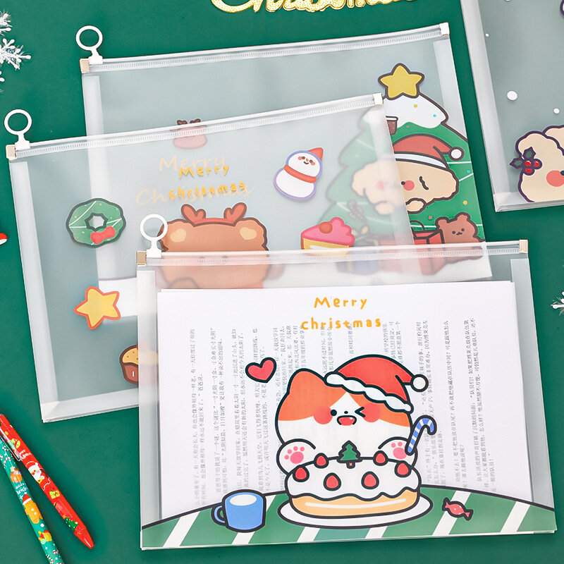 Bolsa de documentos estereoscópica de Navidad de dibujos animados, bolsa de almacenamiento de papel de prueba de capacidad A4, bolsa de información de extracción transparente