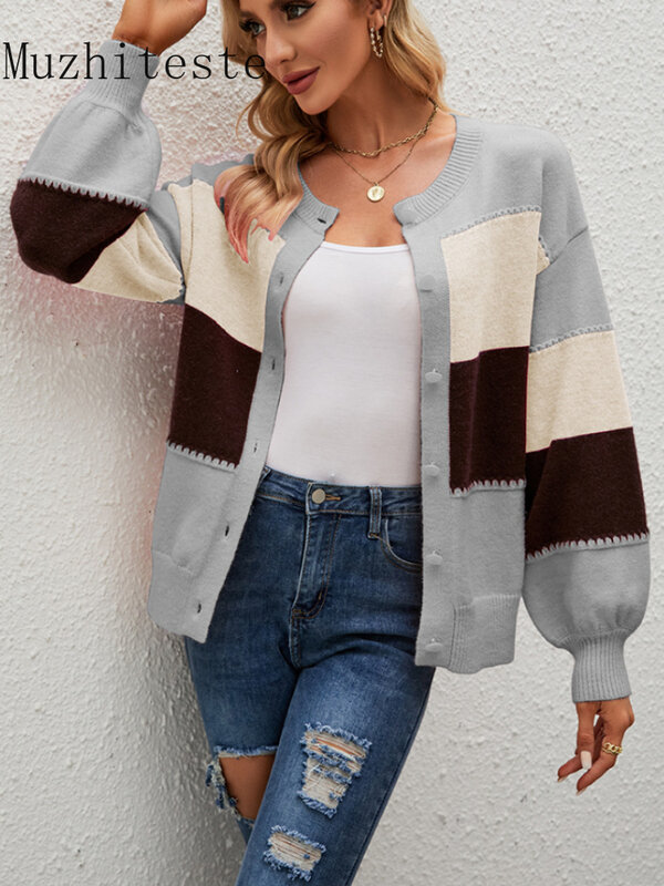 Kardigan Baru untuk Wanita Musim Gugur Musim Dingin Sweter Wanita Longgar Baru Jaket Pencocokan Warna Bergaris Kardigan Rajutan Mantel Streetwear