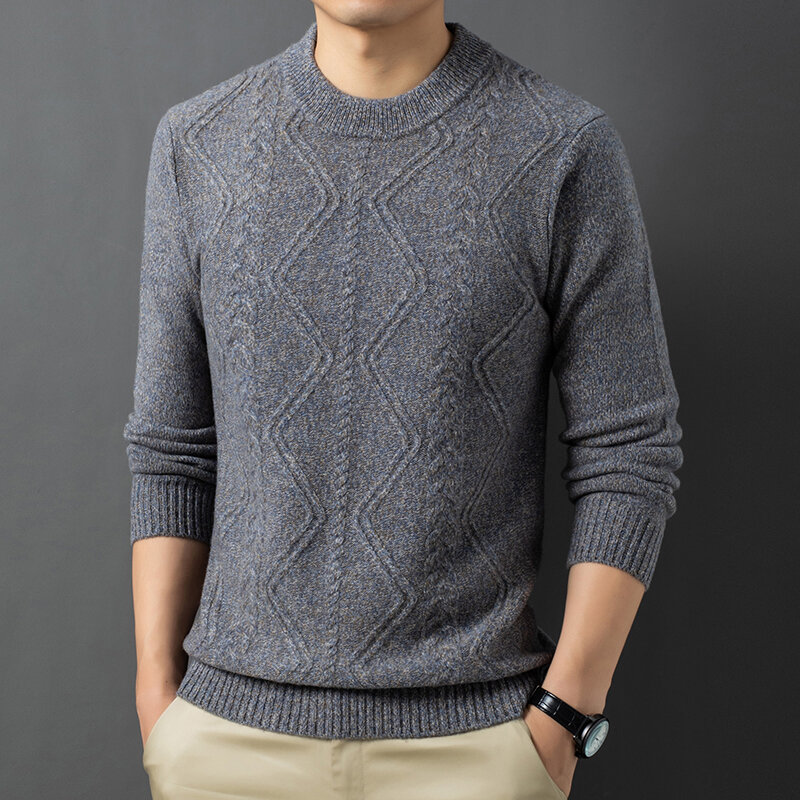 Men's Round Neck Sweater Thick Winter Clothes Pure Wool Thick Needle Fishbone Jacquard Knitted Bottoming Sweater