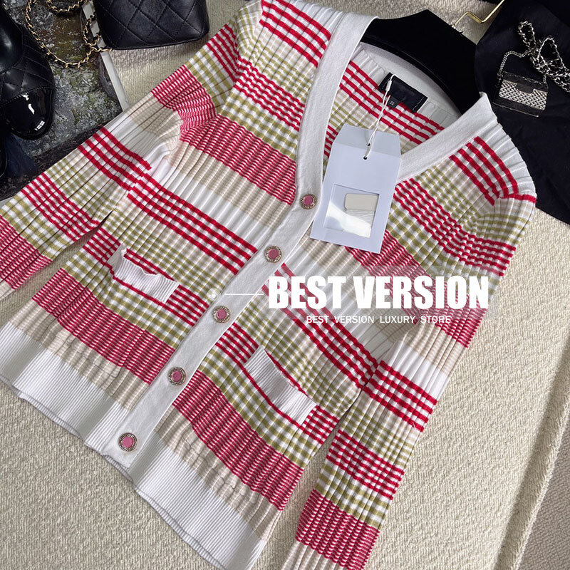 best version cardigan women 2022 high end striped wool blended knitted logoed buttons long sleeve cardigans sweater sweaters S-L