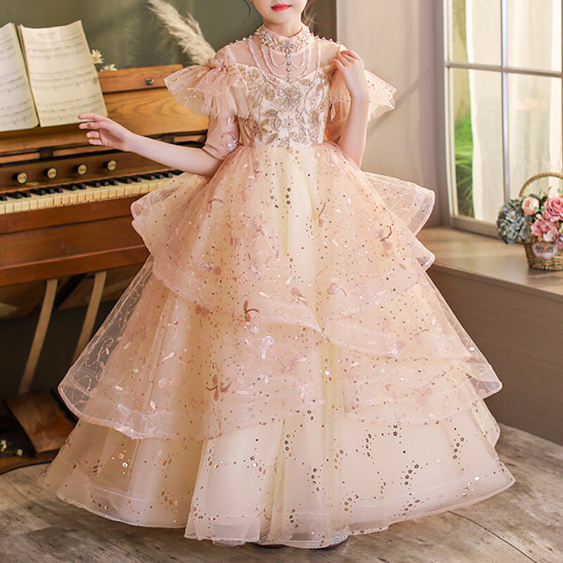 فستان الأميرة مع يزين تصميم الديكور للفتيات ، ثوب الكرة شبكة ، نصف كم ، زهرة الترتر ، حفلة عيد ميلاد ، والأزياء
