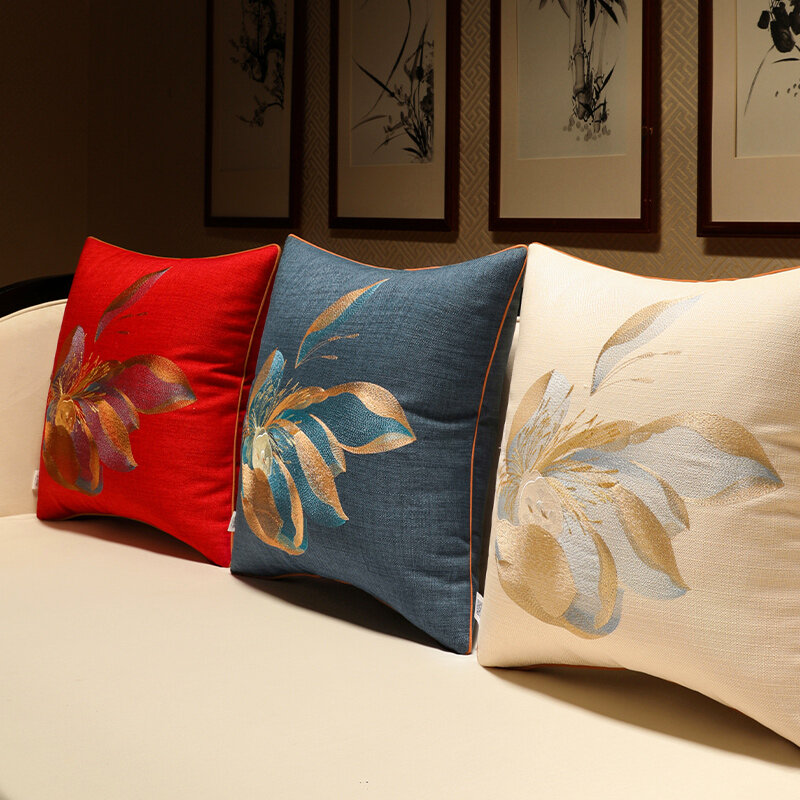 Наволочка DUNXDECO с вышивкой в виде китайского лотоса, декоративная наволочка на подушку, элегантный художественный простой роскошный квадра...
