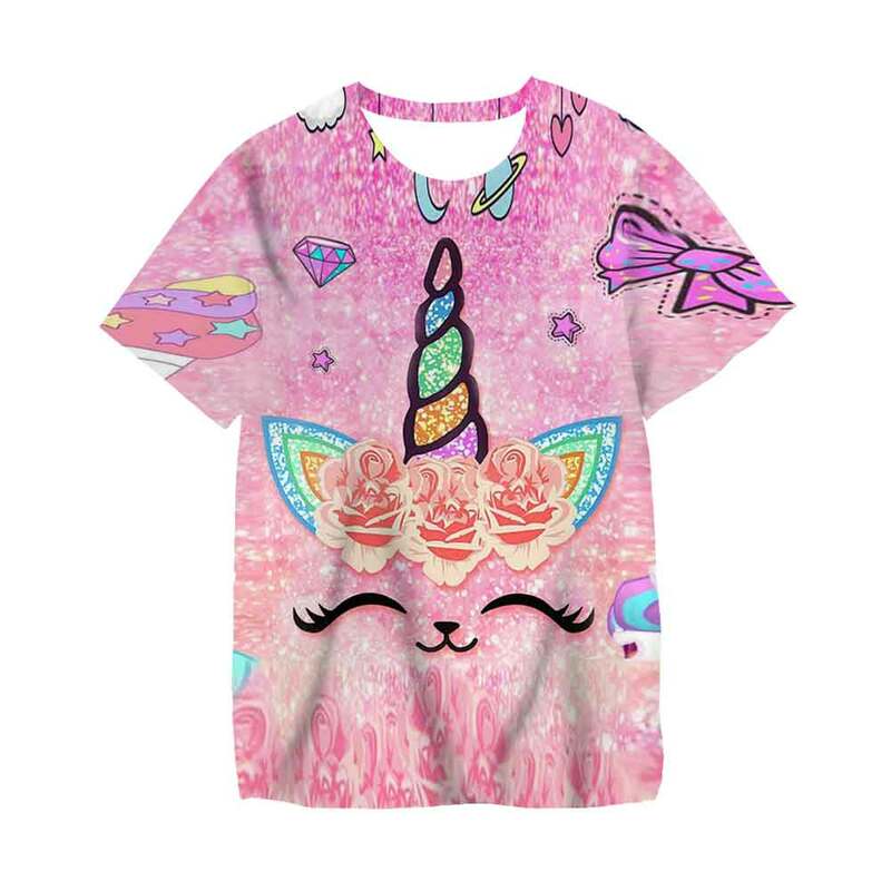 Camiseta de unicornio Kawaii para niños y niñas, ropa encantadora para niñas, Tops de manga corta de dibujos animados, camisetas para niños de 3 a 14 años