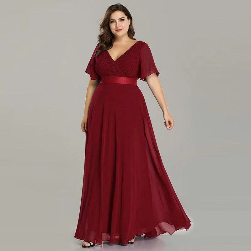 V-neck A-Line Chiffon Simple Plus Size Party Dresses Short Sleeves Long Evening Banquet Dress Burgundy Bridesmaid Dress