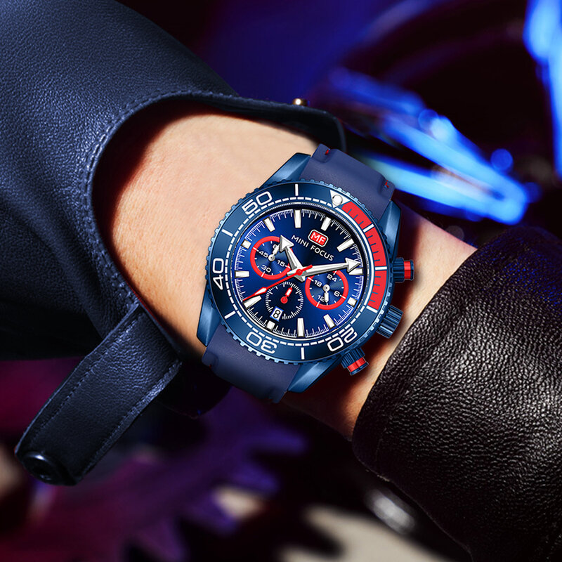MINI FOCUS สีฟ้ากีฬานาฬิกาสำหรับชาย Chic Multifunction Sub-Dials ปฏิทิน Urban Luxury นาฬิกาสายคล้องคอซิลิโคนมือส่องสว่างให...