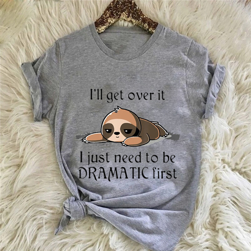 Cute Sloth I'll Get Over It Printed T-Shirts Women Short Sleeve Funny Round Neck Tee Shirt Casual Summer Y2k Tops Femme Shirts