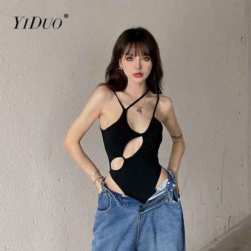 YiDuo 2022 Summer Rompers Women Jumpsuits Fashion Solid Black Hollow Out Sexy Sheath Skinny Rompers Bodysuits Club Streetwear