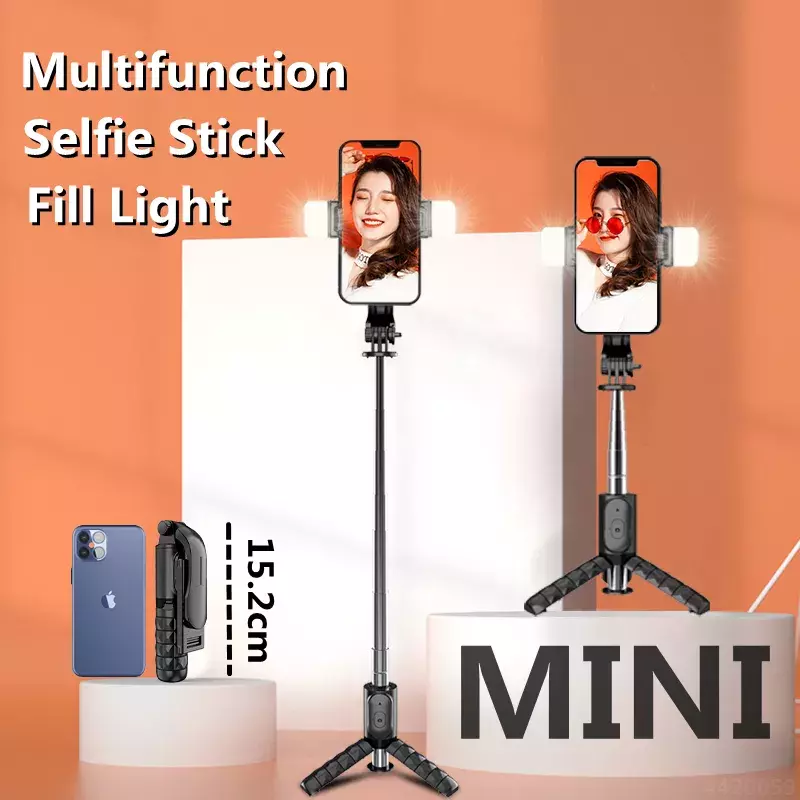 Roreta q11s sem fio bluetooth selfie vara mini tripé com luz de preenchimento mini extensível 360 ° rotação clipe selfie vara