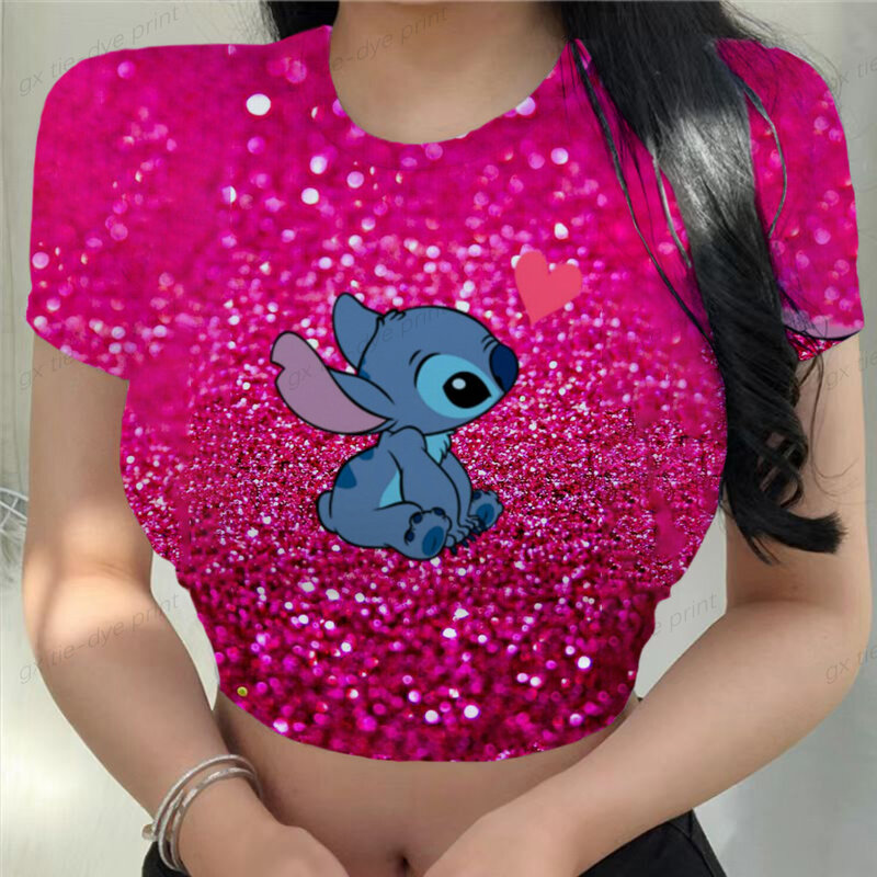 Disney odzież damska Sexy Y2k Slim Fit Kawaii lato Stitch Party moda kobieta bluzki 2023 mocno krótki Top t-shirty drukuj 3xl