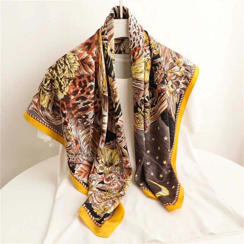 Foulard Hijab carré en Satin de soie pour femmes, bandeau imprimé Floral, animaux, châles, sac, cravate, Bandana