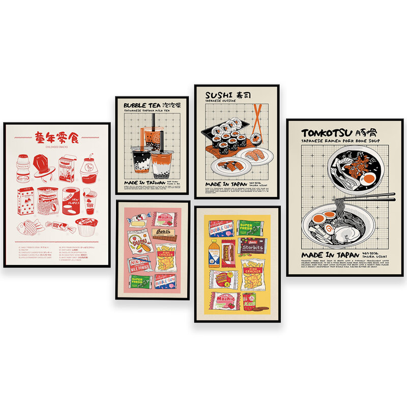버블 밀크 티, 딤섬, 스시 롤 사시미, 토코츠라면, 카츠돈 돼지 고기 cho, 90 년대 어린 시절 간식 일본 음식 포스터