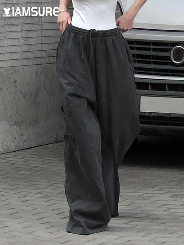 Iamsure casual básico solto calças de perna larga streetwear sólido baggy cintura elástica mid-waisted calças femininas 2022 outono primavera
