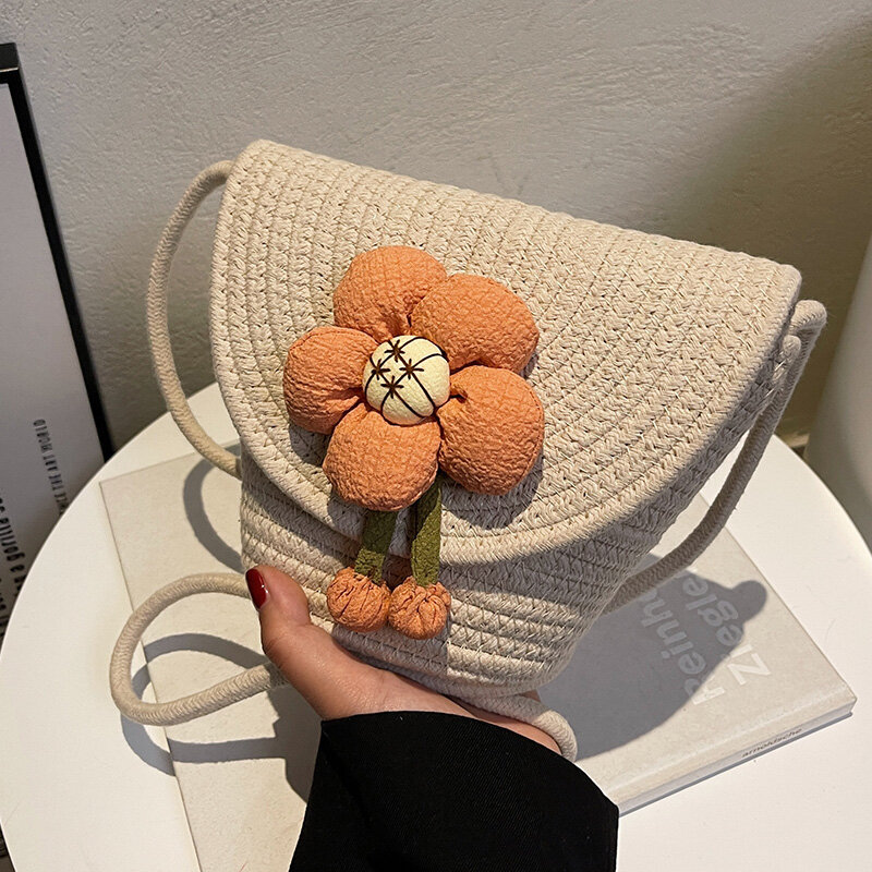 Fashion Summer Flower Bag Woven Handbags Retro Casual Women Niche Versatile Bucket Bag For Outing