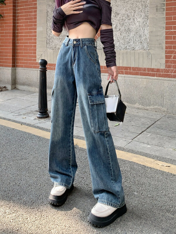 Женские винтажные мешковатые джинсы-карго Y2K, уличные прямые широкие брюки с завышенной талией, джинсовые брюки, одежда для гранжа и альта