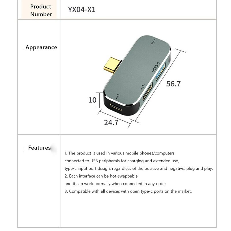 Multi-function 6 in 1 Type-C Hub 3.55mm Jack PD100W USB3.0/USB2.0/USB3.1 HDMI-Compatible USB Extender