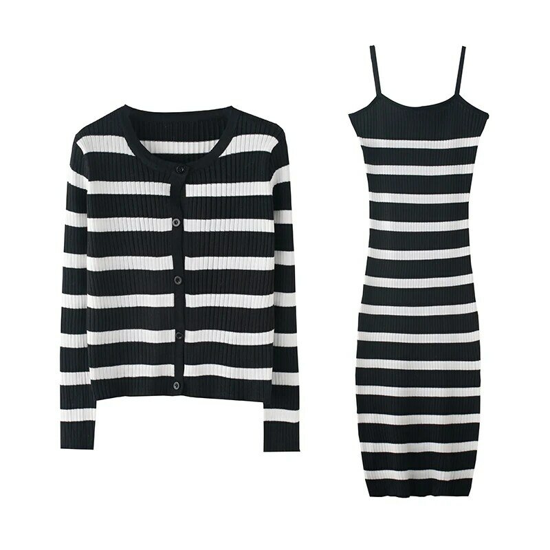 YUQI Soft Knitted Elegant Striped Women Sets 2022 Autumn Sexy Slim Two-Piece Set Sling Dress & Knit Jacket Office Ladies Outfits