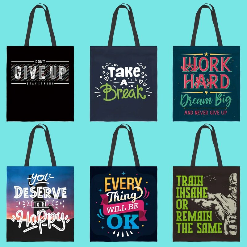 Women's Fashion Designer Eco Shopping Bag Slogan Letter Printed Street Style Large Casual Canvas Tote School Grocery Black Stap
