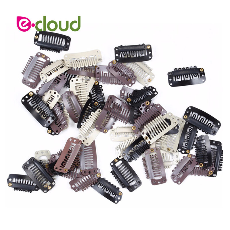100Pcs/Lot 32mm 9-teeth Hair Extension Clips Snap Metal Clips With Silicone Back Wig Clips in Hair Weft Wig Combs Hair Accessory