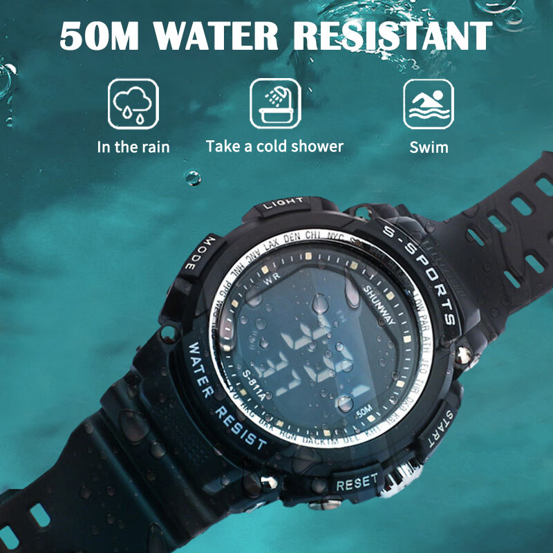 Men Analog Digital Watch Sports Electronic 50M water resistant Multi Functional Date/week Display Outdoor Waterproof Men's Watch