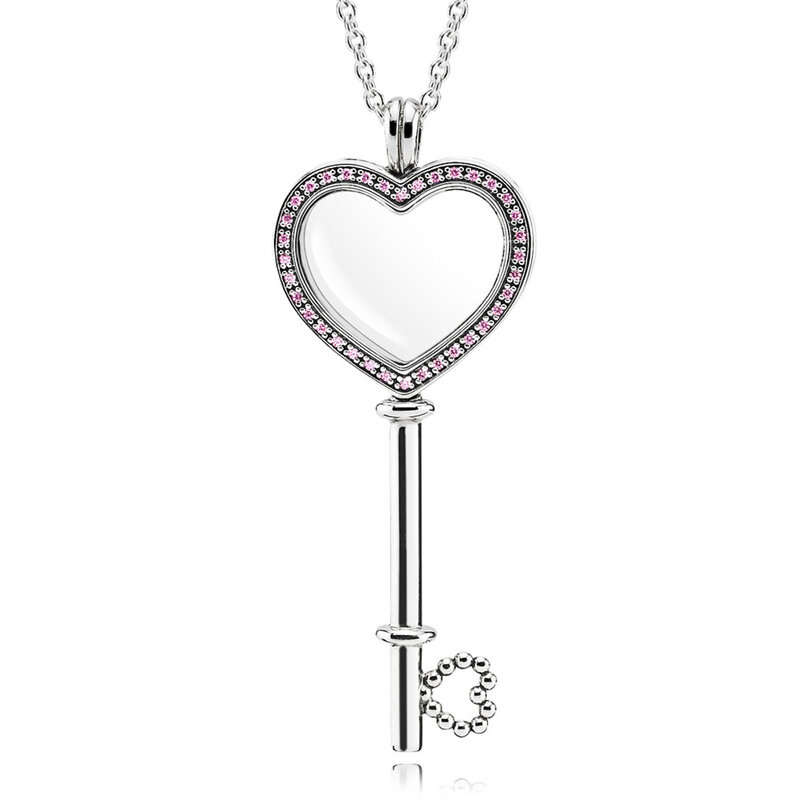 New 925 Sterling Silver Sparkling Regal Pattern Pink Floating Lockets Heart Key Necklace For Pandora Bead Charm DIY Jewelry