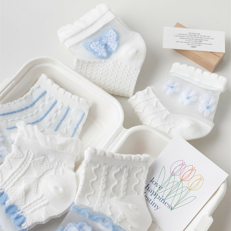 5 pares branco meias curtas ultra-fino cristal transparente meias de seda moda feminina verão japão estilo lolita rendas plissado meia