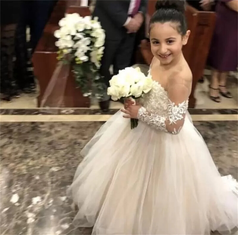 Dziewczęca sukienka w kwiaty wesele biała suknia balowa przezroczysta szyja koronkowa aplikacja z długim rękawem maluch formalna Custom Made 2023 najnowszy