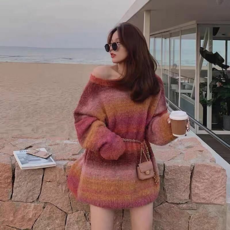 Retro Japanese thick sweater loose lazy female outer wear tie-dye gradient color winter new women knitted sweater sweater