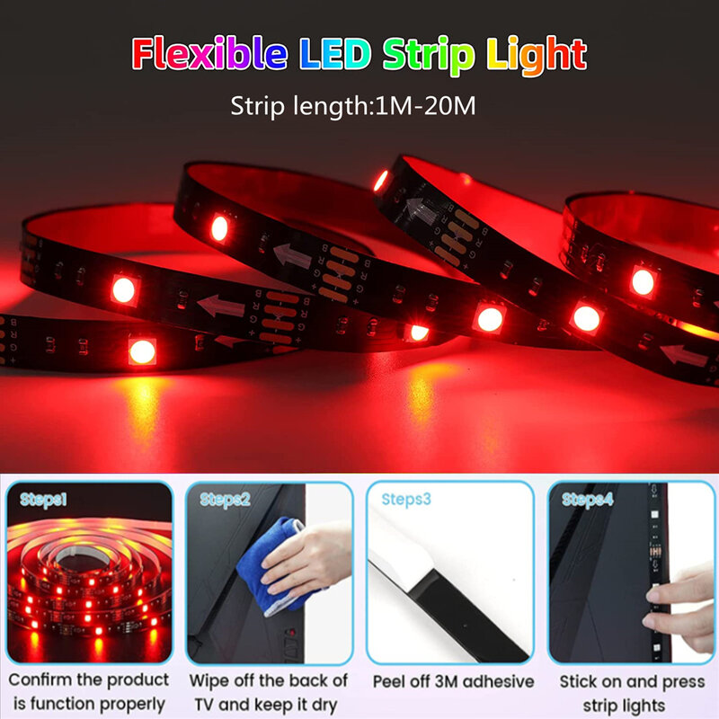 LED Strip Light RGBIC WS2812B SMD 5050 Bluetooth Remote Rainbow ไล่ผลยืดหยุ่นเทปไดโอด20M ทีวี BackLight ห้อง decor