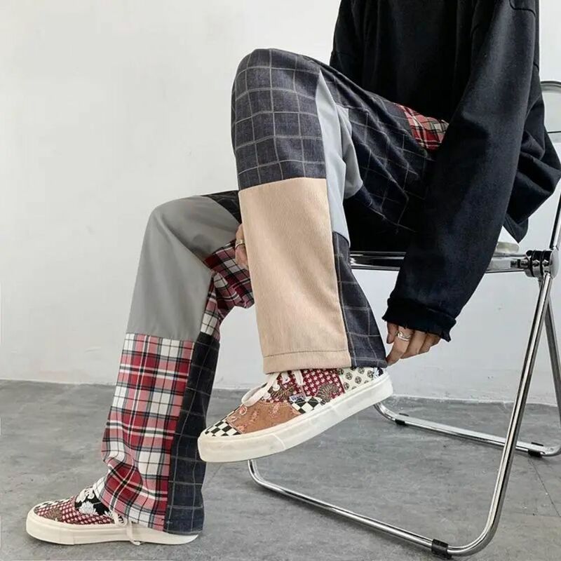 Patchwork Plaid Streetwear Broek Mannen Koreaanse Harajuku Wijde Pijpen Broek Kleur Contrast Trekkoord Losse Oversize Hip Hop