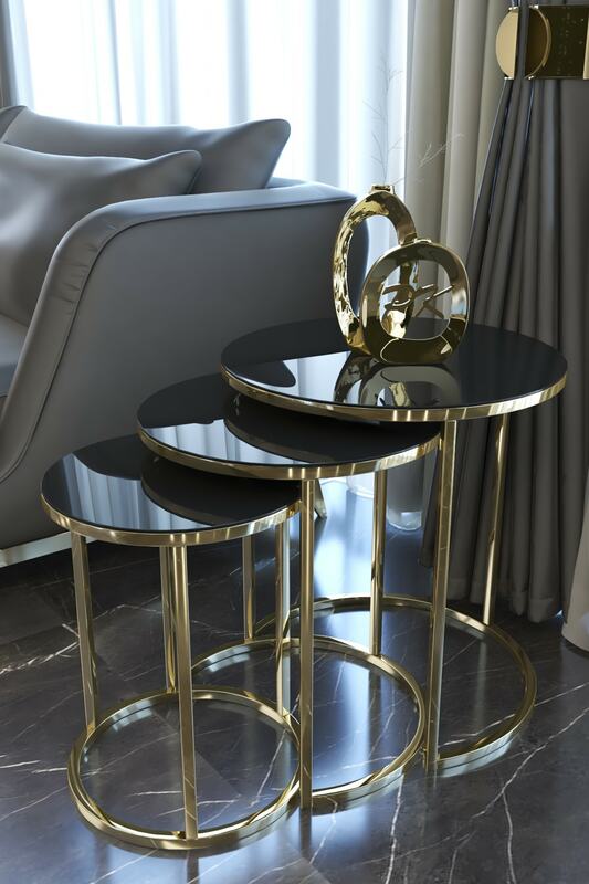 Mesa de anidación dorada, mesa de centro moderna con espejo negro