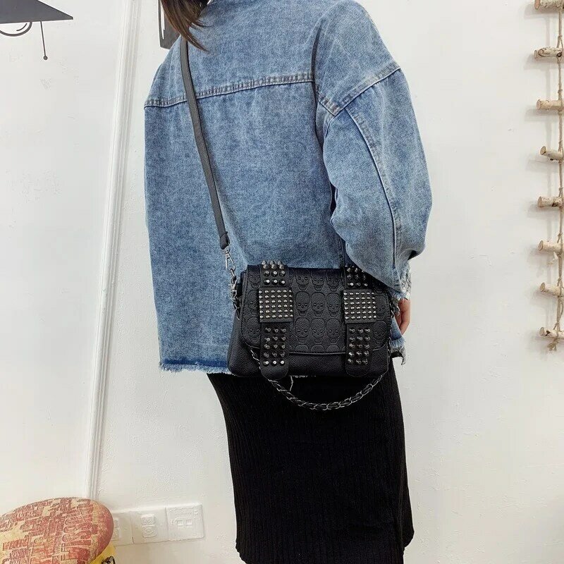 Xiuya – sac à bandoulière gothique Harajuku pour femmes, sacoche Punk Rock crâne en relief, Rivet, pochette portefeuille, 2021