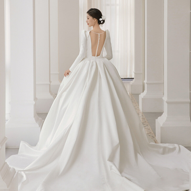 ETESANSFIN Women’S  White Satin-Long Sleeves-V-Neck 2022 New Wedding Skirt