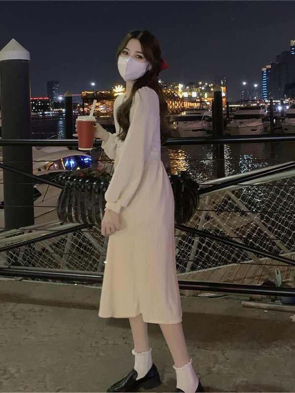 한국 스타일 스퀘어 넥 슬림 하이웨스트 a 라인 드레스 여성용, 다목적, 슬림 패션, 가을 겨울, 2022 신상