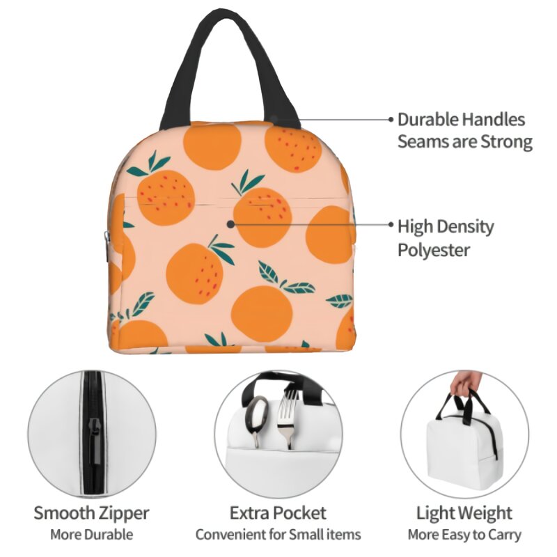 Print Oranges Fruits Lunch Box Summer Leaf Insulated Waterproof Lunch Bag Reusable Tote With Front Pocket For Office Picnic