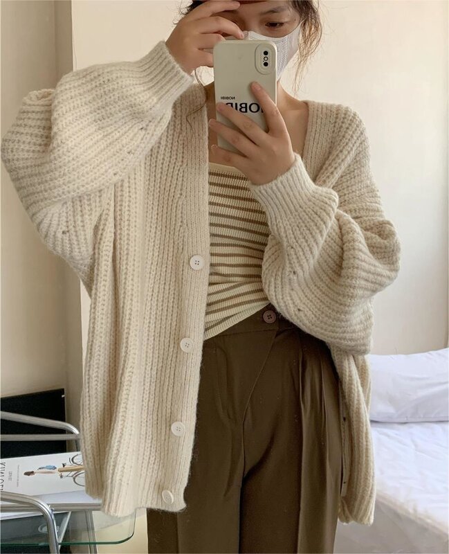Women Fashion Mid Knitted Cardigan Sweater Jacket Lady's Autumn and Winter Long Sleeve Casual Loose Sweater Top Y2K Clothes 2022