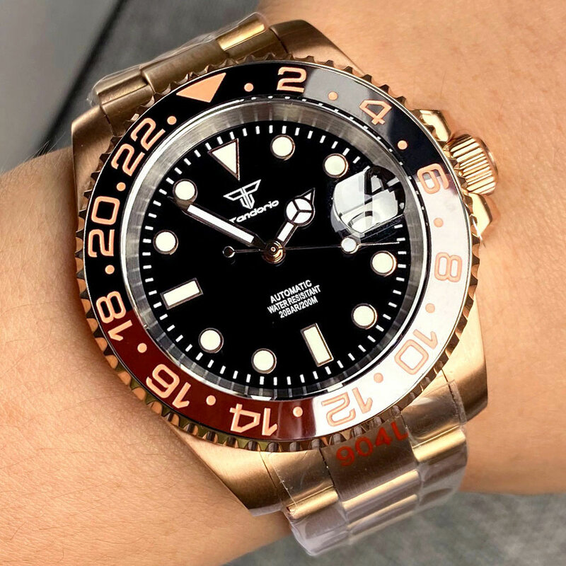 Ouro rosa tandorio nh35a relógio mecânico para homem reloj hombre relógio automático de luxo masculino à prova dym água ym insert oyster