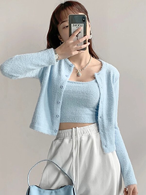 Autumn Two Piece Sweater Vest Women's Short Open Navel Suspender Vest Knit Cardigan Korean Fashion Crop Top Set Y2k Clothes