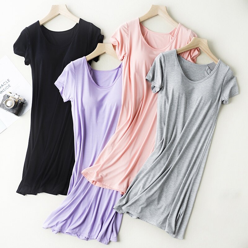 Short Sleeve Nightdress For Women Nightgowns  With Chest Pad Without Rims Vest Comfort Mid-long Pajamas  Modal