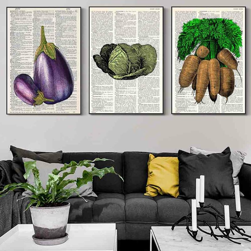 Toile de peinture de plante d'art rétro, peinture murale de dictionnaire de légumes, aubergines, radis, affiche d'art murale, bureau, salon, décoration murale de maison
